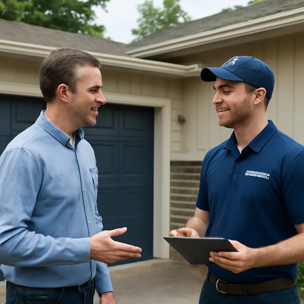 Homeowner in Port Moody discussing garage door replacement needs