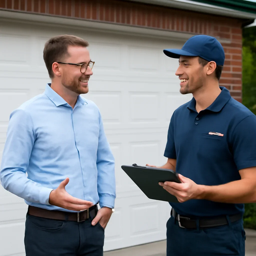Homeowner discussing garage door repair needs in Surrey