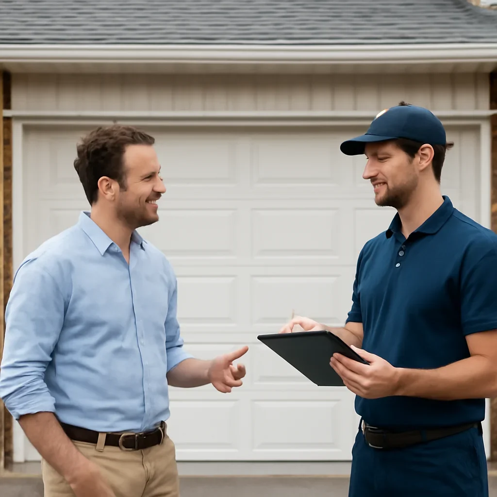 Homeowner in Surrey discussing garage door replacement options