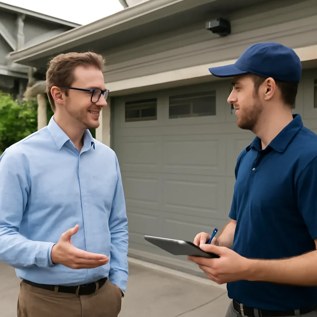 Homeowner in Vancouver discussing garage door opener repair needs