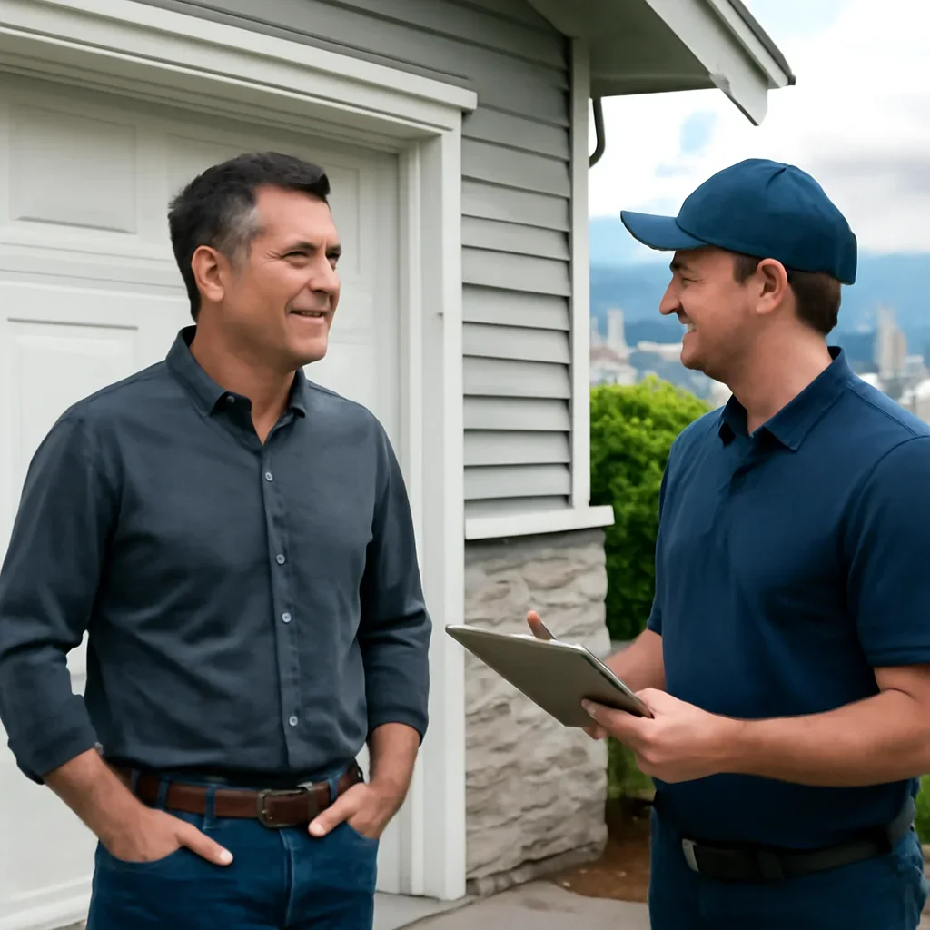 Homeowner in Vancouver discussing garage door repair needs