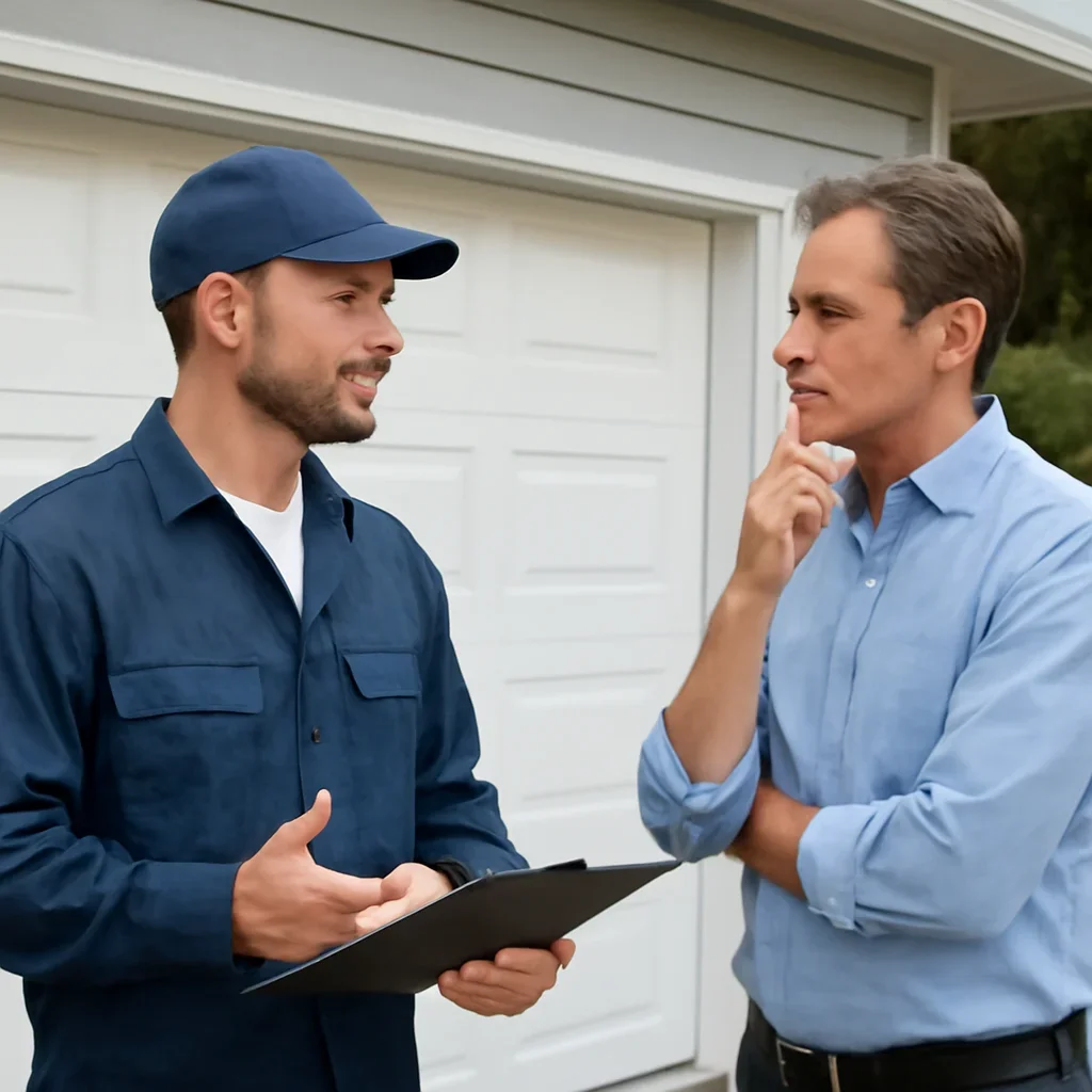 Homeowner discussing an urgent garage door repair problem in West Vancouver