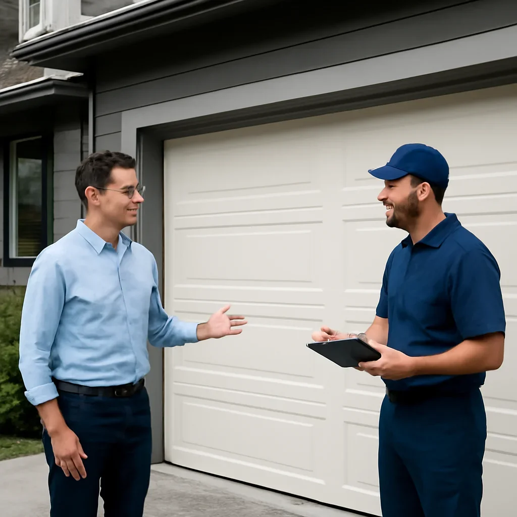 Homeowner discussing garage door installation options in West Vancouver