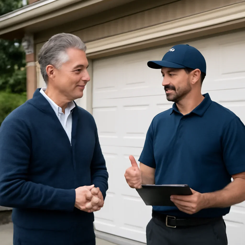 Homeowner in West Vancouver discussing garage door repair needs