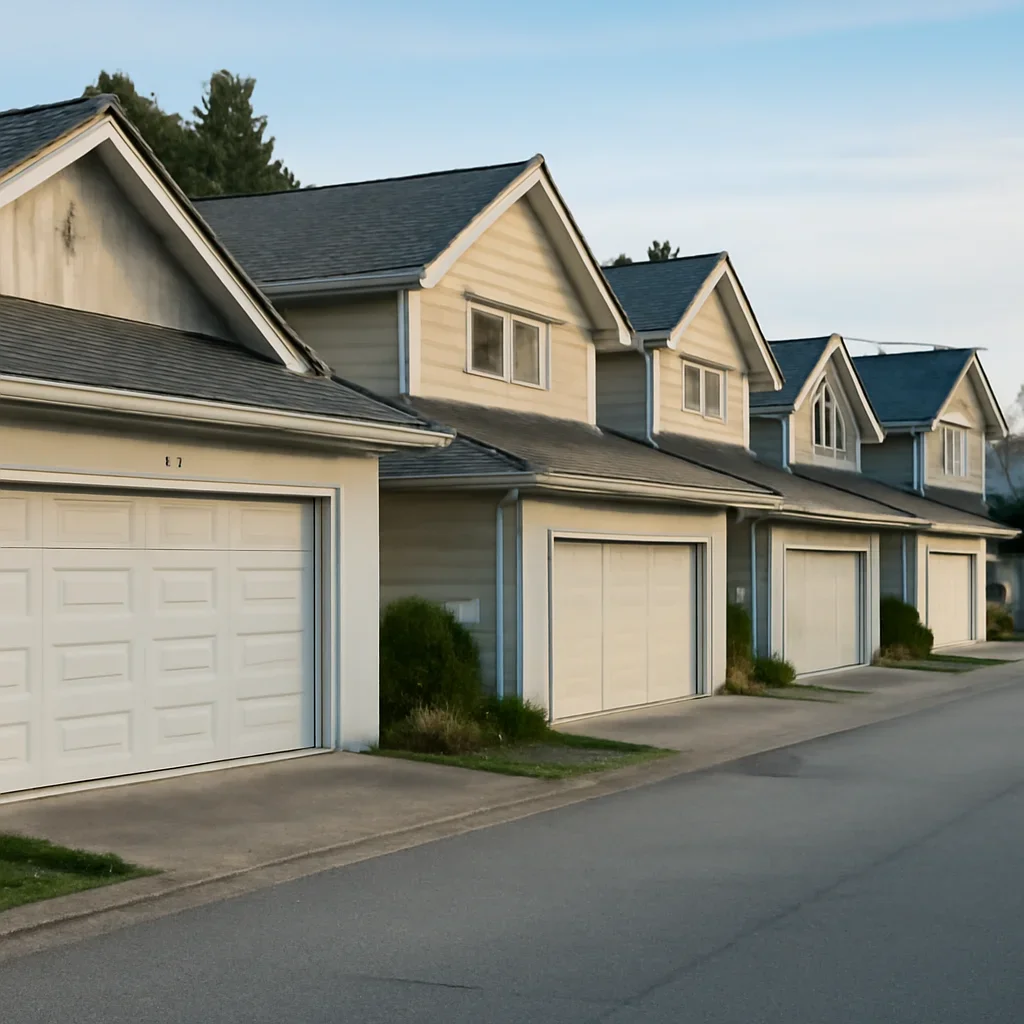 Residential garages and hillside homes in White Rock