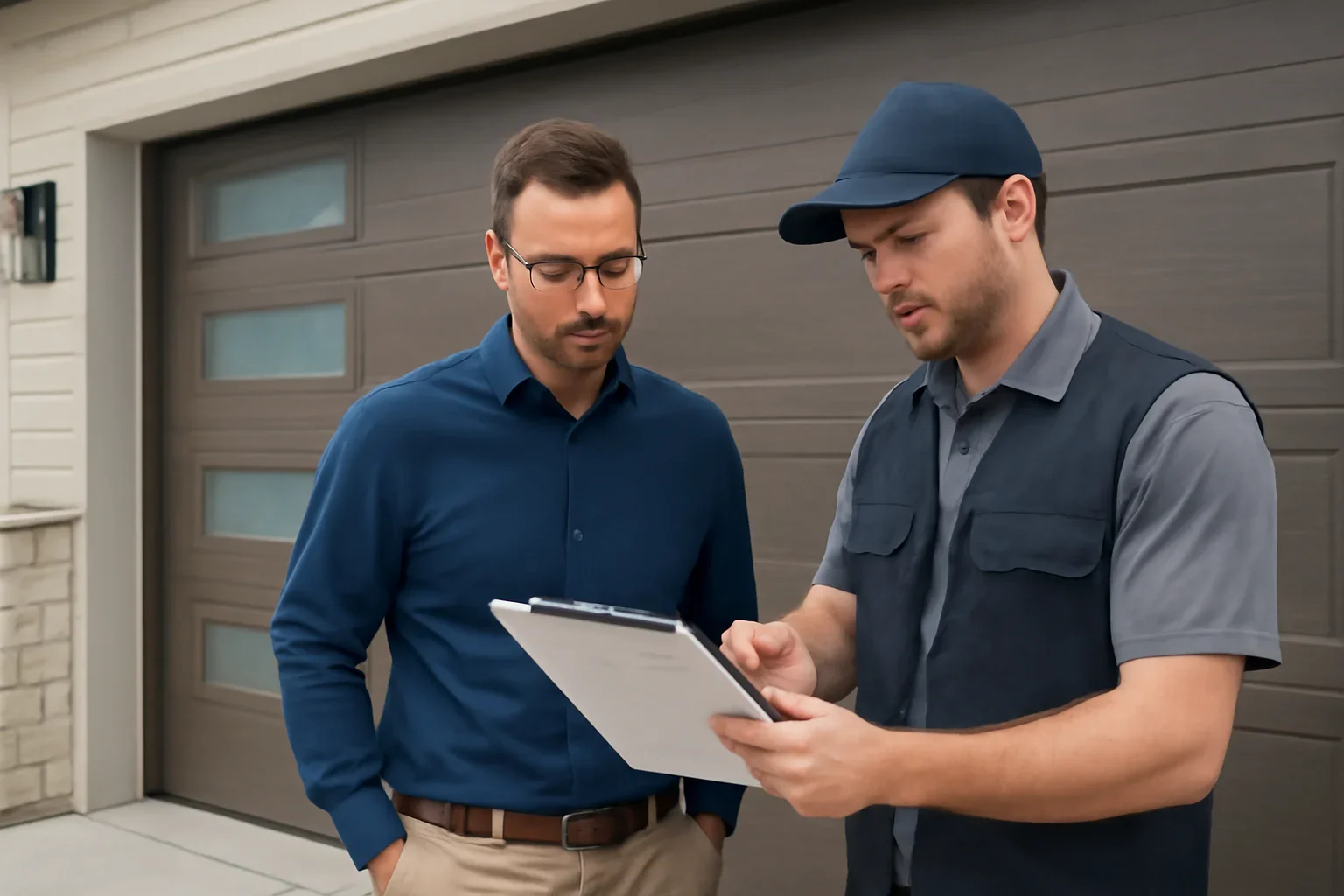Homeowner reviewing the scope and pricing of a garage door project