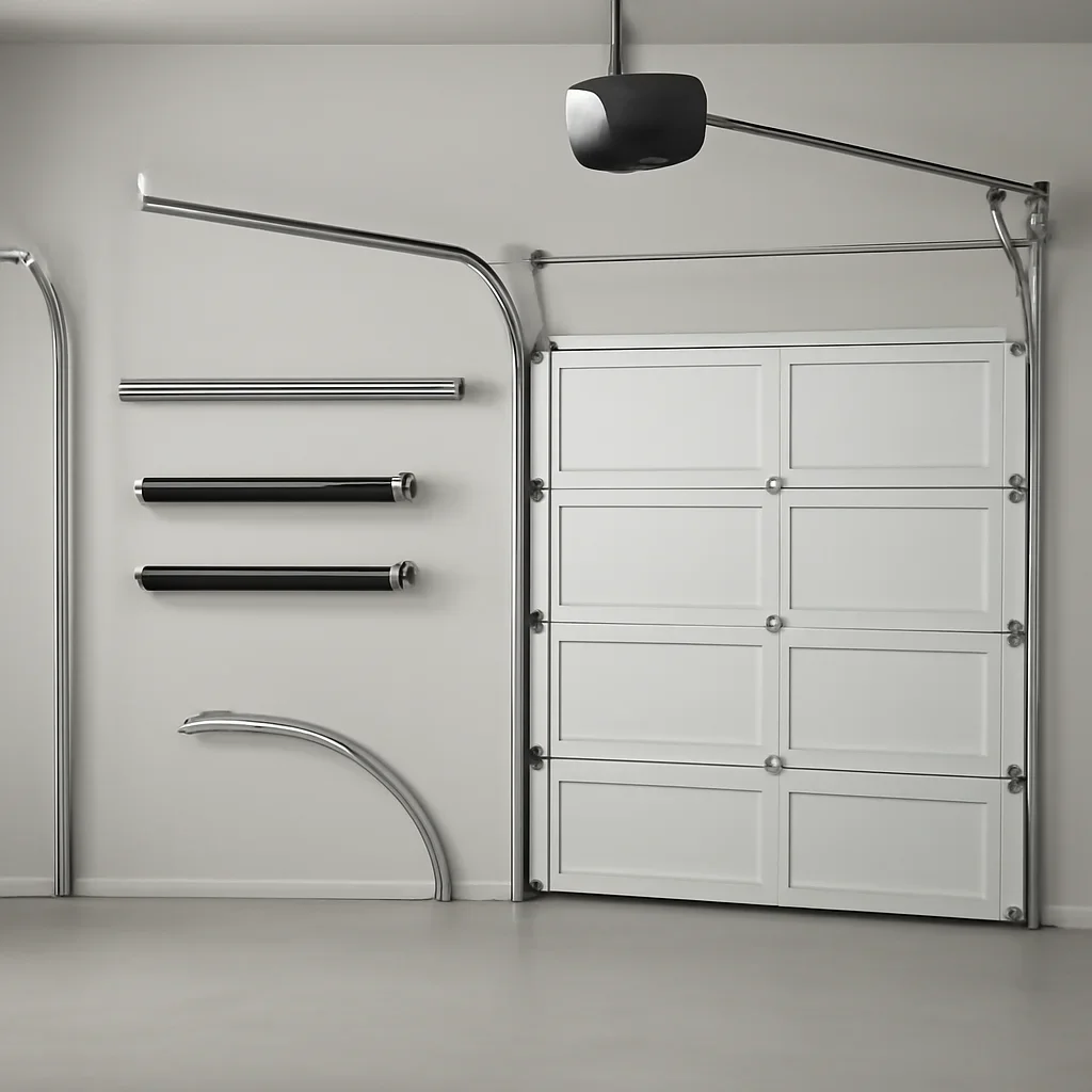 Garage door components including opener, springs, tracks and panels
