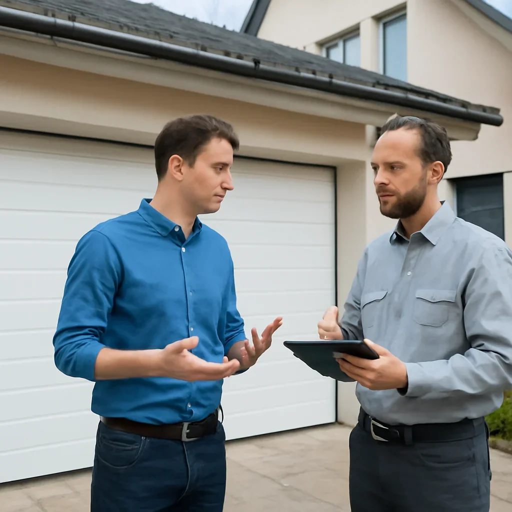Homeowner preparing a same-day garage door service request in British Columbia