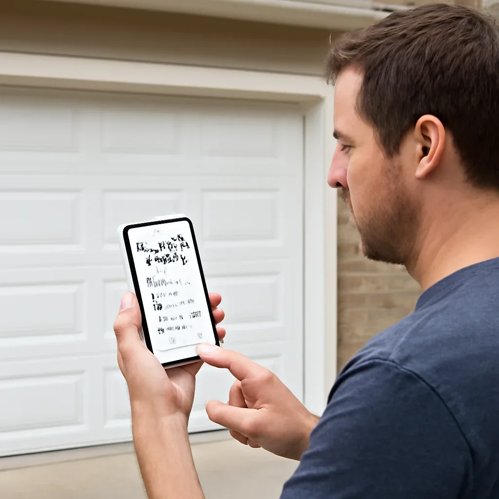 Homeowner gathering garage door symptoms and service information before requesting help