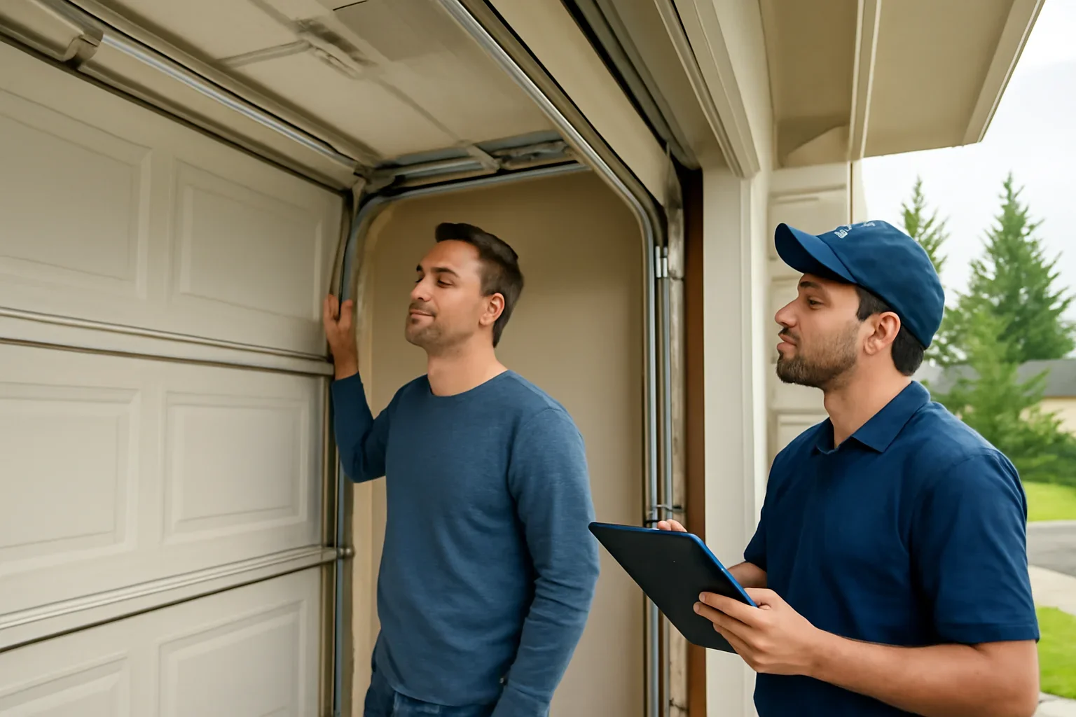 Homeowner reviewing a garage door problem and troubleshooting options in British Columbia