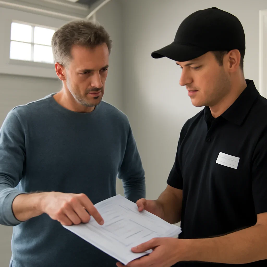 Homeowner reviewing garage door warranty and service records in British Columbia
